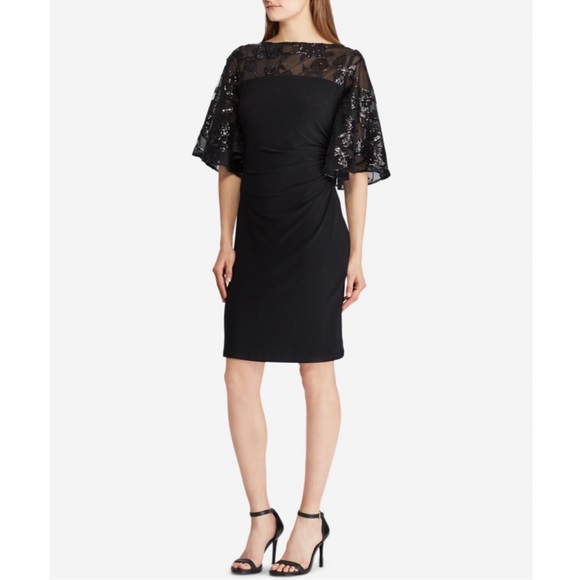 Lauren Ralph Lauren Sheer Yoke Sequined Black Sheath Dress - Picture 12 of 12